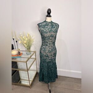 Chelsea28 Sleeveless Mock Neck Lace Ruffle Skirt Midi Dress Wedding Green | 2